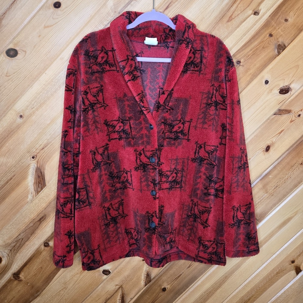 Artisans Jacket Womens Large Red Fleece Button Cardinal Bird Pockets Winter Fall